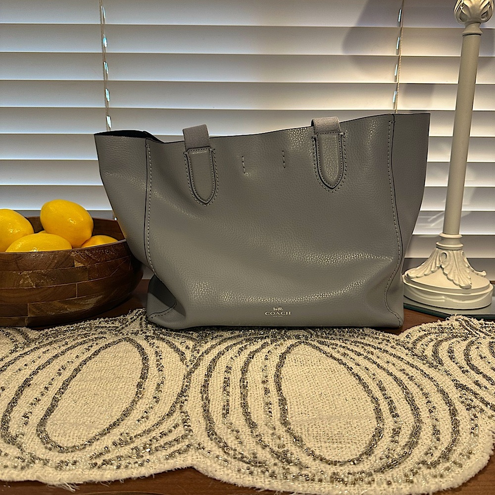 Coach Derby Leather Tote in a pale blue pebbled leather.